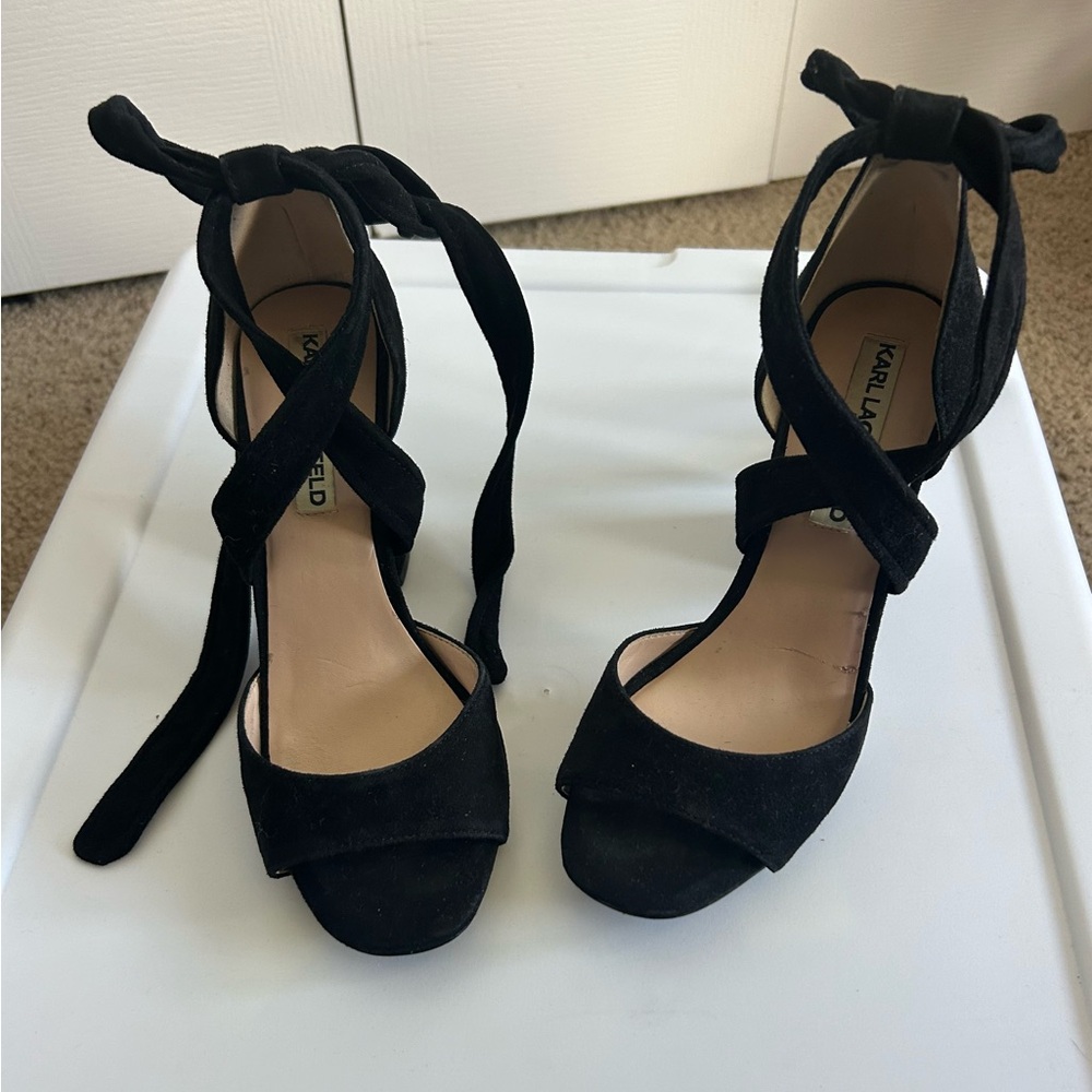 GUC Karl Lagerfeld Paris Racha Strappy Ankle-Tie Suede Heels